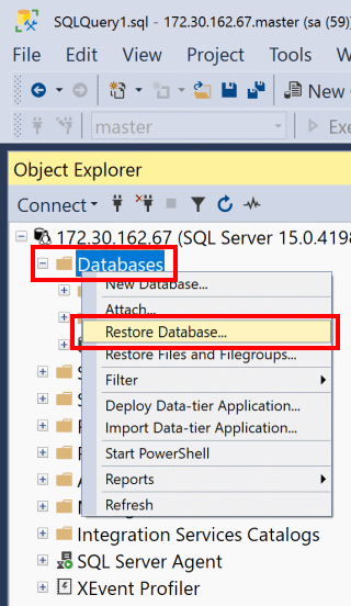 Snímek obrazovky znázorňující možnosti nabídky SSMS pro obnovení databáze