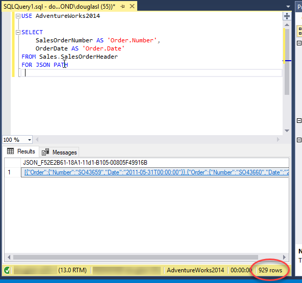 Snímek obrazovky s výstupem FOR JSON v sadě SQL Server Management Studio