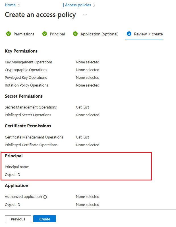 snímek obrazovky webu Azure Portal pro kontrolu a vytvoření zásad přístupu