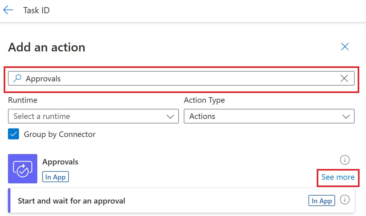 Snímek obrazovky tlačítka „Zobrazit více“ pro zobrazení seznamu všech akcí schválení.