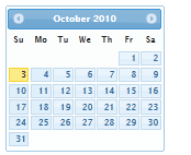 Snímek obrazovky zobrazující stránku kalendáře z října 2010 ve stylu motivu Redmond