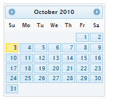 Snímek obrazovky se stránkou kalendáře z října 2010 ve stylu Cupertino