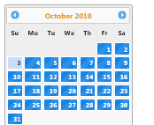 Snímek obrazovky zobrazující stránku kalendáře z října 2010 ve stylu Excite-Bike motivu
