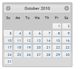 Snímek obrazovky znázorňuje kalendář z října 2010 v motivu Přetaženo.