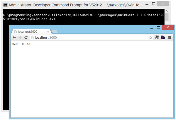 Snímek obrazovky s aplikací Developer Command Promt a oknem prohlížeče s porovnáním příkazů zadaných na příkazovém řádku a toho, jak by projekt Hello World vypadal ve webovém prohlížeči