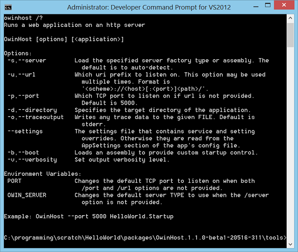 Snímek obrazovky s příkazovým řádkem pro vývojáře a příkladem kódu příkazového řádku při spuštění aplikace na serveru