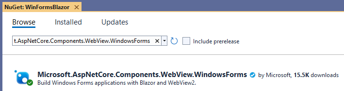 Pomocí Správce balíčků NuGet v sadě Visual Studio nainstalujte balíček NuGet Microsoft.AspNetCore.Components.WebView.WindowsForms NuGet.