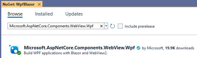 Pomocí Správce balíčků NuGet v sadě Visual Studio nainstalujte balíček NuGet Microsoft.AspNetCore.Components.WebView.Wpf NuGet.