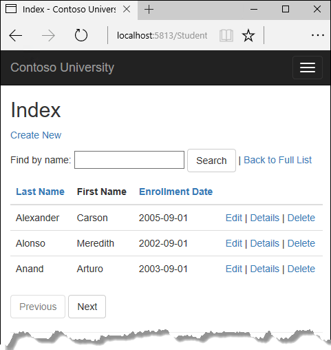 Indexová stránka studentů zobrazující data bez času