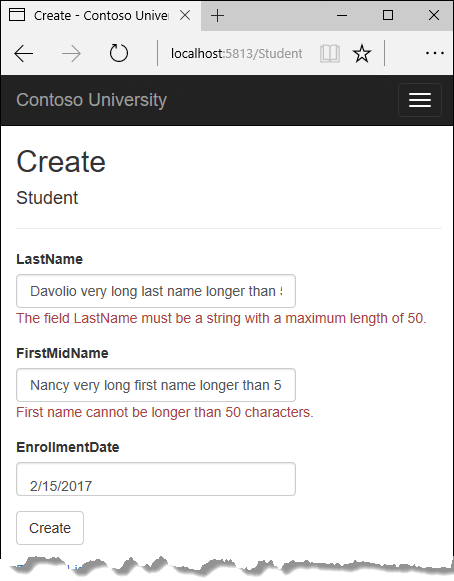 Indexová stránka studentů zobrazující chyby délky řetězců