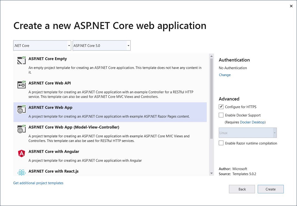 Dialogové okno Nový ASP.NET Základní projekt