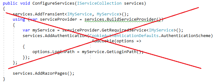 Chybný kód volající BuildServiceProvider