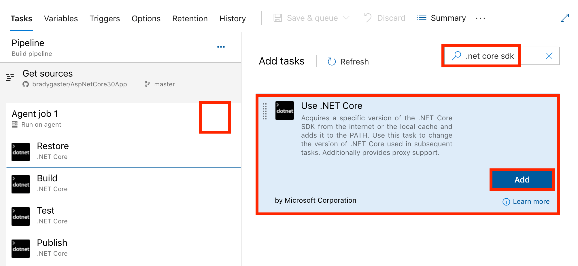 Přidání kroku pro .NET Core SDK
