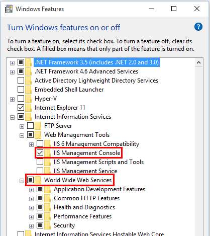 V okně Funkce systému Windows jsou vybrané možnosti Konzola pro správu služby IIS a Webové služby.