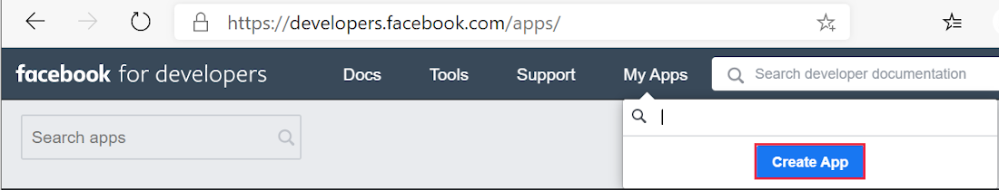 Portál Facebook pro vývojáře otevřený v Microsoft Edgi
