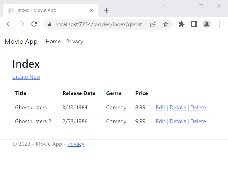 Zobrazení rejstříku se slovem ghost přidaným na adresu URL a vráceným seznamem filmů se dvěma filmy, Ghostbusters a Ghostbusters 2