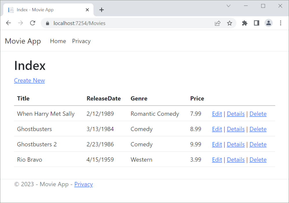 Otevřená aplikace Film MVC v Microsoft Edgi zobrazující data filmů