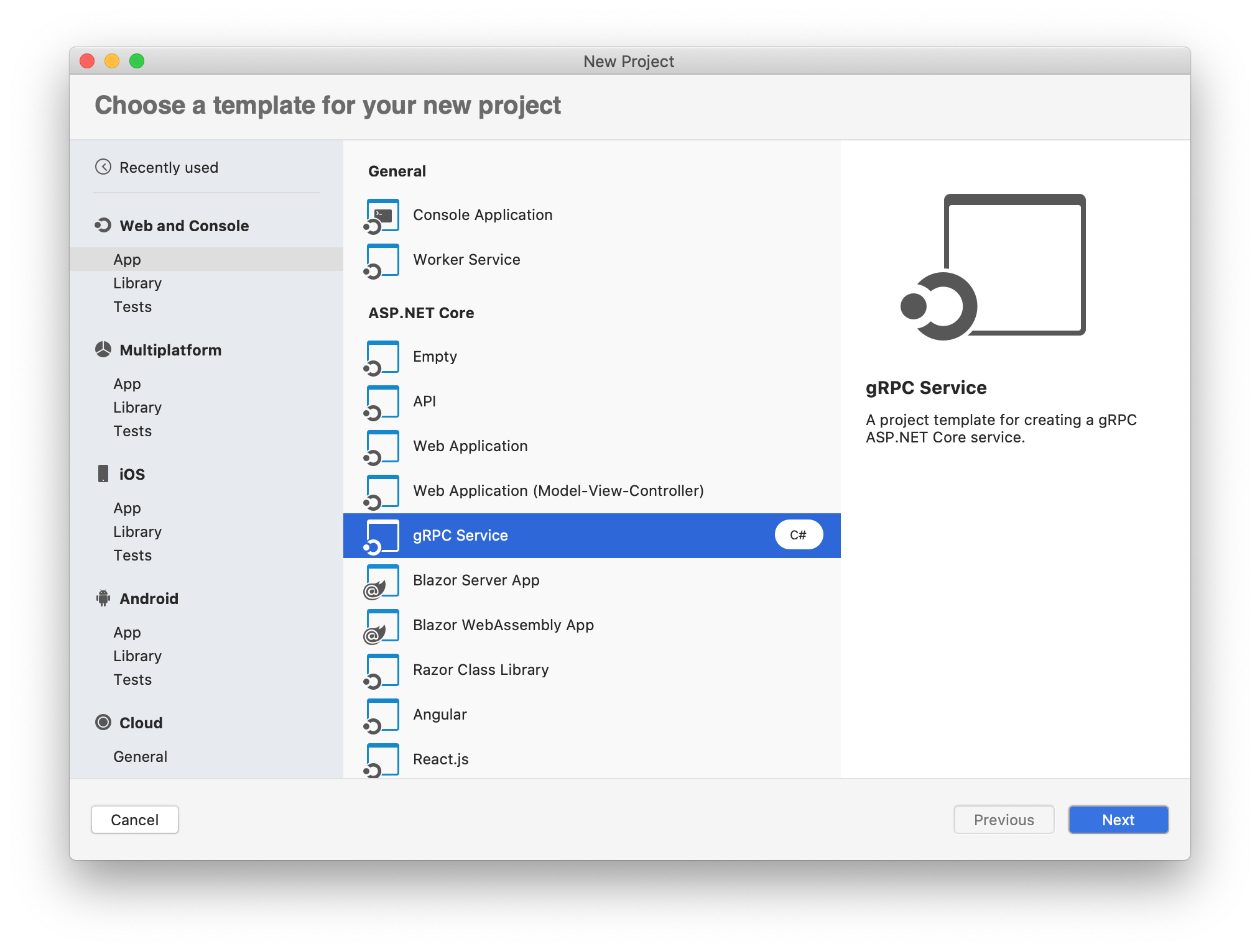 Dialogové okno Vytvořit nový projekt v macOS