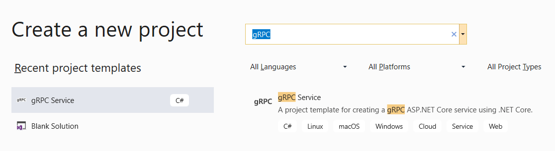 Dialogové okno Vytvořit nový projekt v sadě Visual Studio