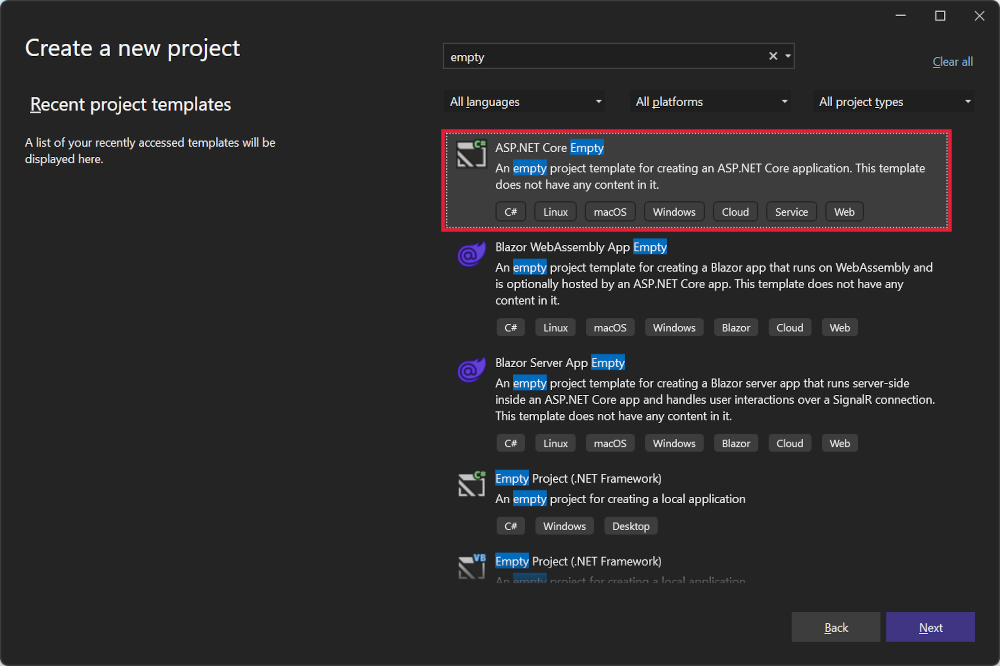 Vytvoření nového projektu v sadě Visual Studio