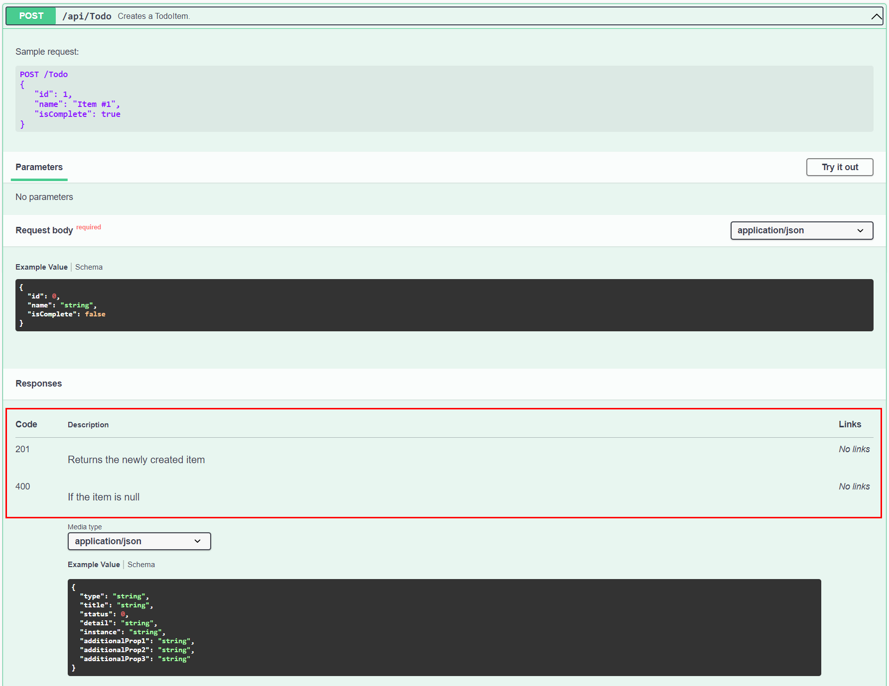 Swagger UI showing POST Response Class description 'Vrátí nově vytvořenou položku todo' a '400 - If the item is null' for status code and reason under Response Messages.