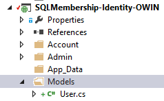 Snímek obrazovky s vytvořením složky Models v projektu a přidáním třídy User