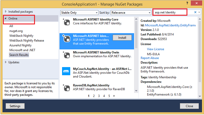 Snímek obrazovky s instalací balíčků NuGet v Průzkumník řešení