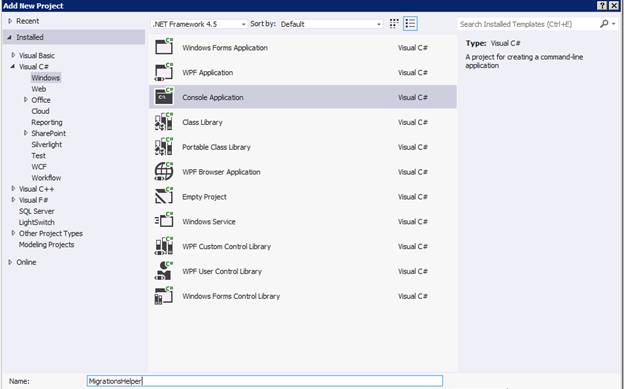 Snímek obrazovky s vytvořením nové konzolové aplikace v ukončovacím řešení