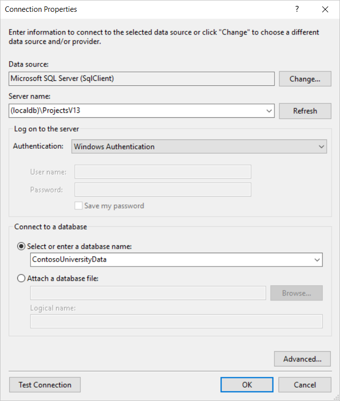 nastavení vlastností připojení