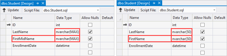 Dva snímky obrazovky znázorňují rozdíly v názvu a datovém typu dvou tabulek Student.