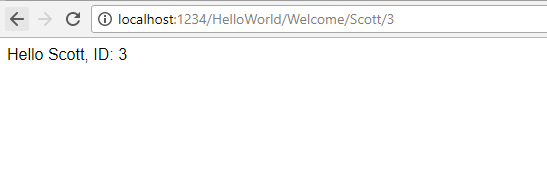 Snímek obrazovky, který zobrazuje okno prohlížeče s dvojtečka místního hostitele U R L 1 2 3 4 lomítko Hello World lomítko Vítejte lomítko Scott dopředu lomítko 3. Text v okně je Hello Scott ID 3.