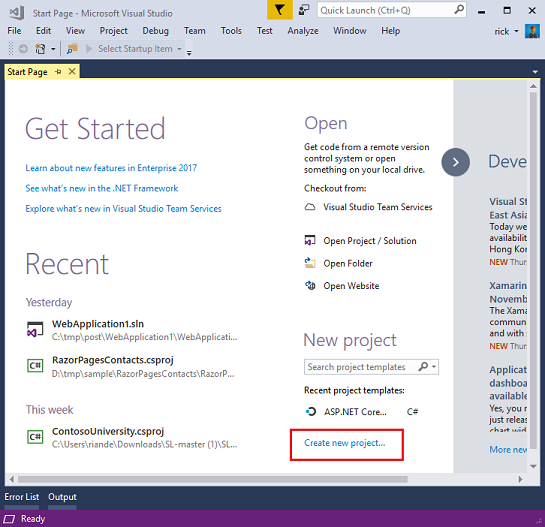 Snímek obrazovky znázorňující úvodní stránku sady Visual Studio Vytvořit nový projekt je zakroužkováno červeně.