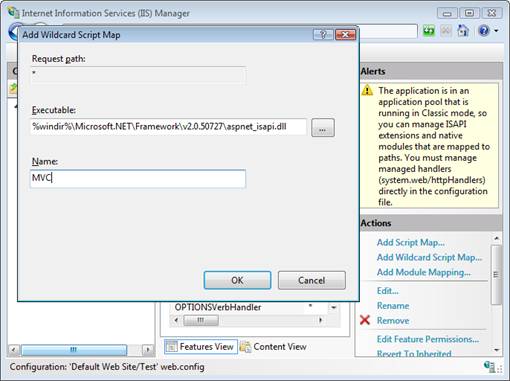 Snímek obrazovky s oknem Správce Internetové informační služby 7 bod 0, které zobrazuje dialogové okno Přidat mapu skriptů se zástupnými znakůmi