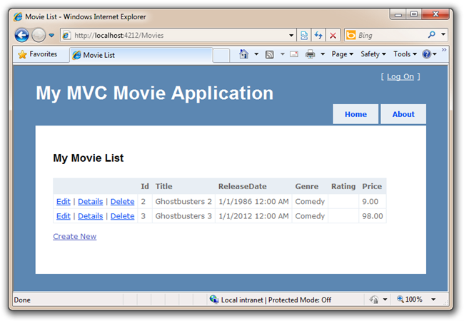 Snímek obrazovky s oknem prohlížeče Internet Explorer, které v seznamu zobrazuje Seznam filmů s objekty Ghostbusters 2 a Ghostbusters 3