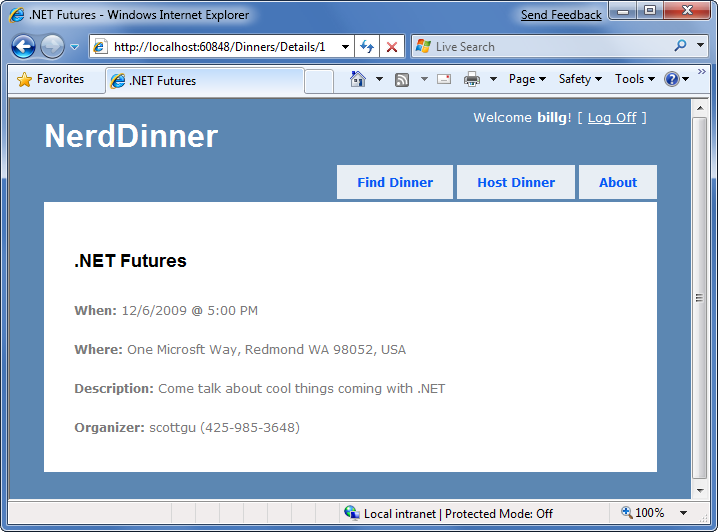 Snímek obrazovky webové stránky Nerd Dinner s podrobnostmi o večeři