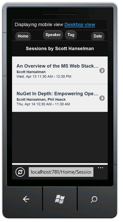 Snímek obrazovky se stránkou Relace v mobilním zobrazení