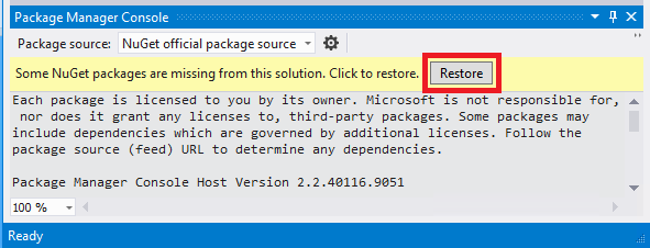 Snímek obrazovky s obnovením sady Visual Studio