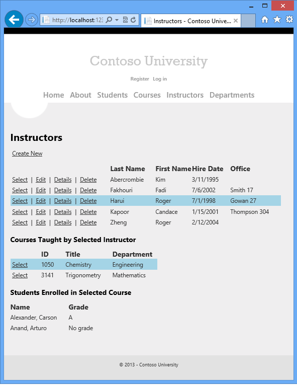 Snímek obrazovky zobrazující stránku s indexem instruktora contoso university s instruktorem a jedním z vybraných kurzů