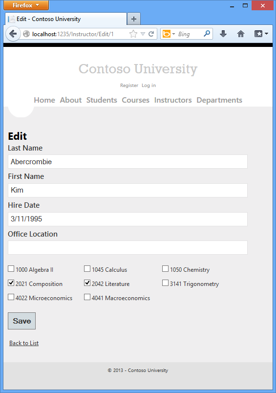 Snímek obrazovky zobrazující stránku Pro úpravy instruktora s kurzy