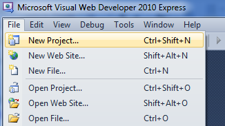 Snímek obrazovky s nabídkou souboru Visual Web Developer, která zobrazuje výběr a zkratky klávesových příkazů pro vytvoření nového projektu