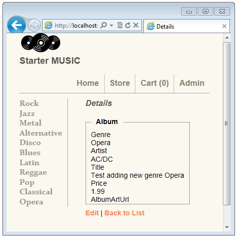Obrázek, který ověřuje, že se nová položka alba uložila do databáze