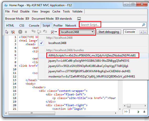 Snímek obrazovky znázorňující kartu Skript vývojářského nástroje I E F 12 Jsou zvýrazněné vstupní pole Prohledat skript, sada a funkce Java Script.