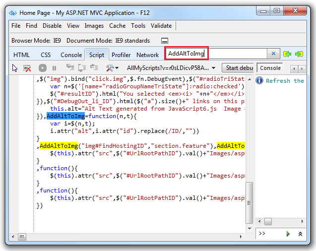 Snímek obrazovky znázorňující kartu Skript vývojářského nástroje I E F 12 Pole Prohledat skript se zadaným příkazem Add Alt To lmg je zvýrazněné.