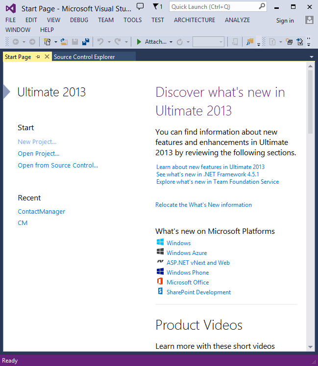 Snímek obrazovky znázorňující úvodní stránku sady Visual Studio