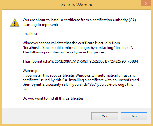 Snímek obrazovky s dialogovým oknem Upozornění zabezpečení sady Visual Studio s výzvou k výběru, jestli se má certifikát nainstalovat nebo ne