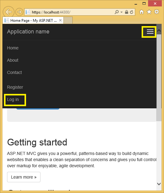 Snímek obrazovky s domovskou stránkou My A S P dot NET Tlačítko Navigace a odkaz Přihlásit se jsou zvýrazněné.