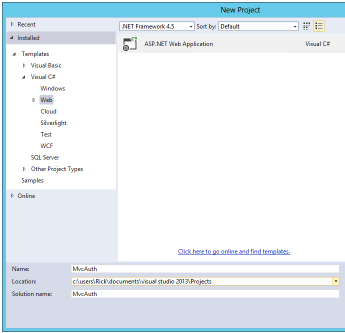 Snímek obrazovky se stránkou nabídky Nový projekt sady Visual Studio Do textového pole Název se zadává ověřování M v c.