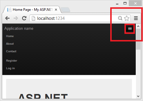 Snímek obrazovky s domovskou stránkou My A S P dot NET Ikona Navigace je zvýrazněná a vybraná a zobrazuje rozevírací nabídku s navigačními odkazy.