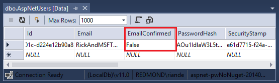 Snímek obrazovky znázorňující schéma A S P Net Users Sloupec Email Potvrzeno označený jako False je zvýrazněný.