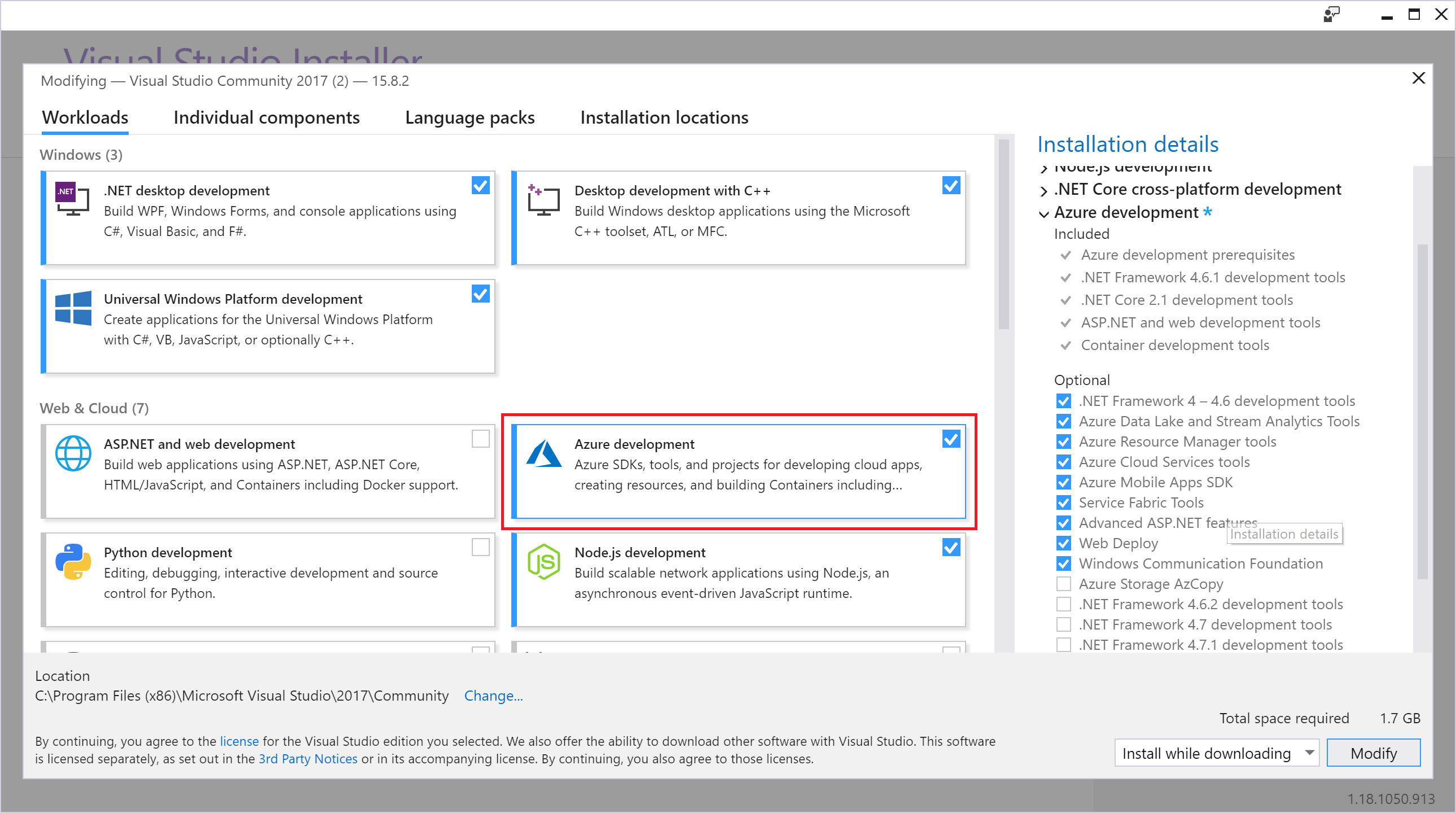 Úloha vývoj pro Azure v Instalační program pro Visual Studio